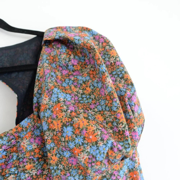 For Love & Lemons Brittany Mini Floral Revolve Dress 100% Cotton Puff Shoulder M - Picture 8 of 15